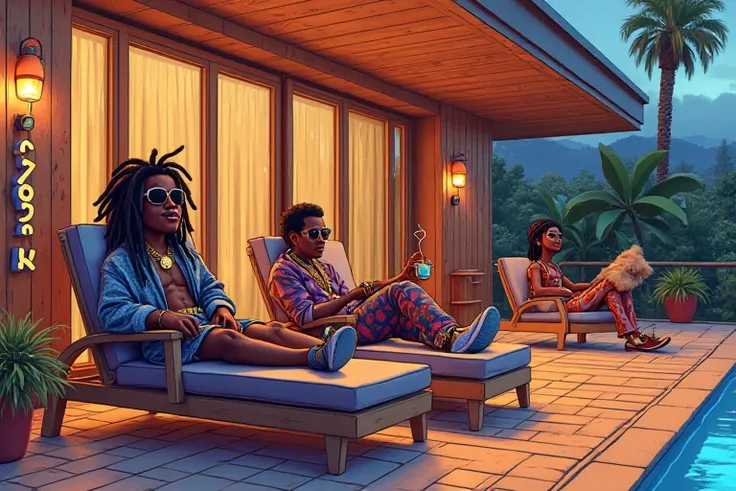 Create a vibrant, cartoon-style illustration of three distinctive characters relaxing on the front porch of a luxurious wooden house. The house exudes a blend of modern luxury and rustic elegance—polished wooden panels, large glass windows, and a spacious ...