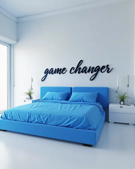 Make a white bedroom with a blue bed written on the walls game chancher
