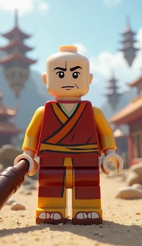 Create LEGO minifigure of Yang from the movie Avatar:  the Last Airbender .

Yang is a bald young boy, with fair skin.

He wears a traditional Air monk uniform, wearing red and yellow clothing, accompanied by simple sandals.

Yang carries his combat bat in...