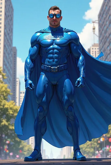 a superhero by the name of AgenClear who wears all blue, blue cape as well. He has AgentClear written on his chest and has binoculars on at all times. 