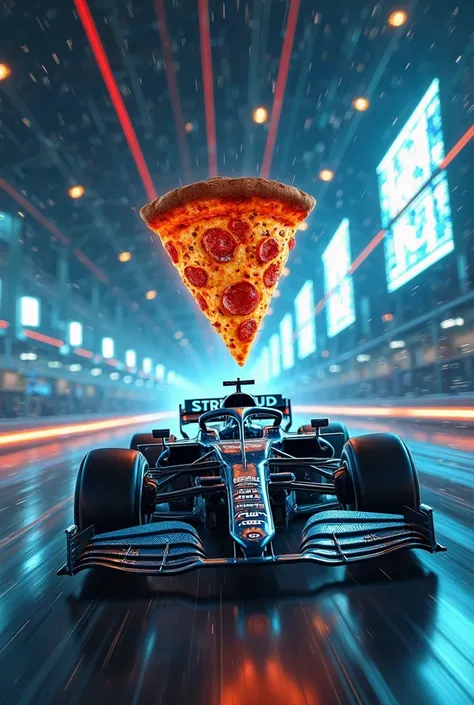 Please create me a picture which shows Dollar dates in big text and the background A self-driving AI-powered F1 car racing against an old-school human driver, both competing to grab the last holographic pizza floating mid-air. The AI car has a sleek glowin...