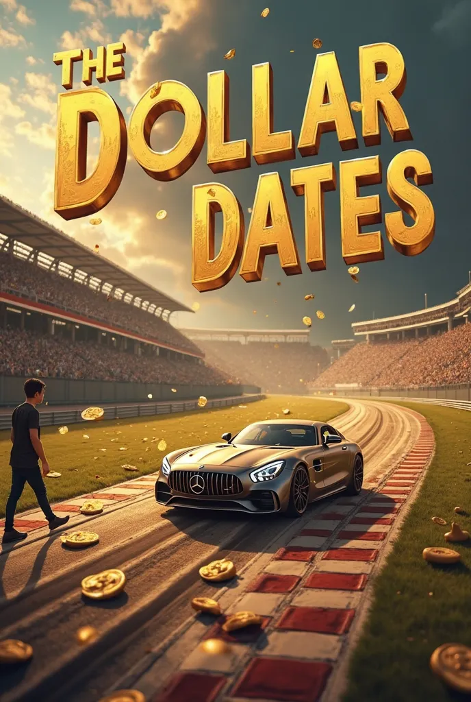 Please create me a picture which shows Dollar dates in big text and the background a golden pizza with dollar bills as toppings, placed on a racetrack with a luxury car speeding toward it, while a struggling figure watches from the sidelines.