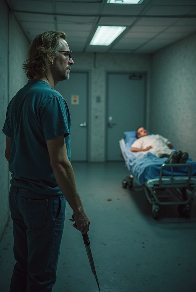 Create an image of a 33-year-old man with medium and blond hair and square glasses in a basement holding a scalpel heading toward a stretcher illuminated by a faint light and an anesthetized person
Without a beard.