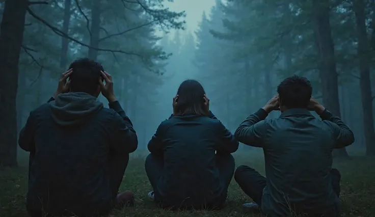 Young people are in a state of panic due to the loss of their friend. Some of them are sitting with their hands on their heads in the middle of a remote forest with fog and thick trees at night like a nightmare