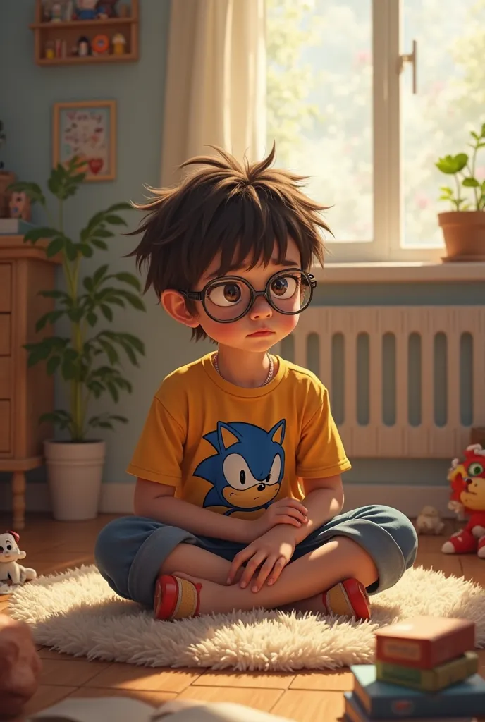 BOY WITH GLASSES SITTING ON THE FLOOR WEARING SONIC T-SHIRT 