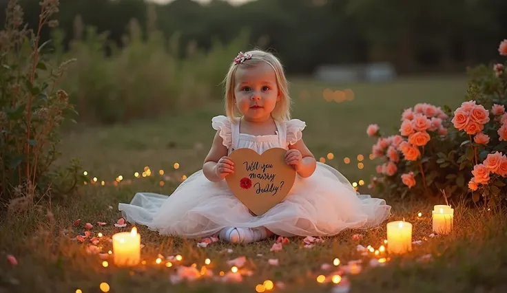 A 10 month old blonde baby girl with straight hair wearing a pretty white dress with fores, sitting on the grass with a sign in her hands that reads *Will you marry daddy?* in an open field with lots of vegetation at night, a heart sign of orange roses wit...