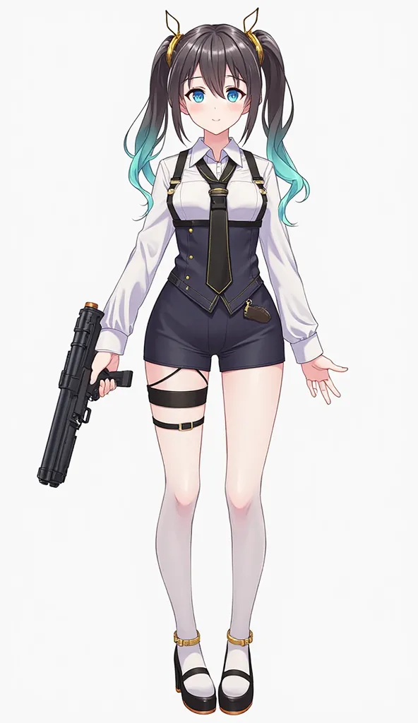 Zenzero、 Genshin、 Resonance、 sexy、full body、 standing picture、 business shirt 、heel、 harness belt、simple background、Clothes that show through the chest、shorts、garter belt、asymmetrical stockings、cool、Vtuber、adult older sister、 see-through tops 、 gun、 gradat...