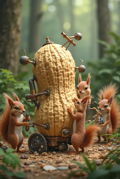 mini squirrels try to crack giant peanuts with machines