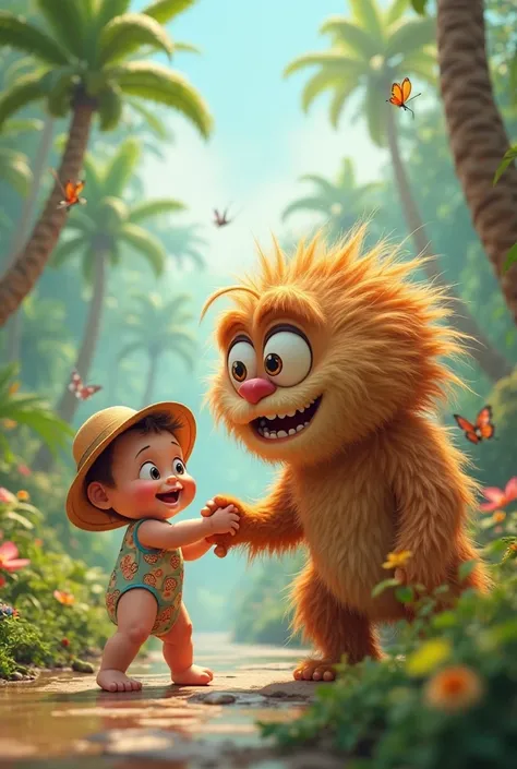 please create a 3 d cartoon pic of a baby playing with big monster in jungle 