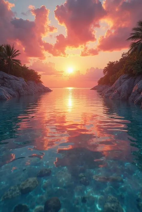 32k Ultra HD, Very sharp , ultra realistic, Paradisiacal image, crystal clear water, flawless sunset,  photo control, professional light,  very detailed