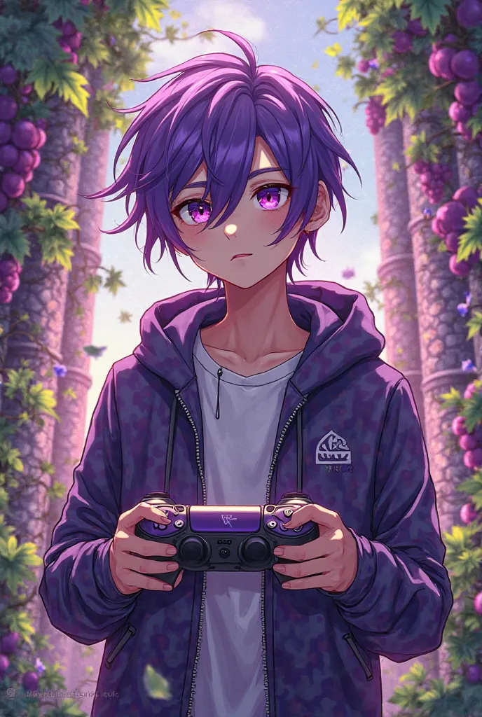 Create a character with grape in an anime version of a male PS5 player