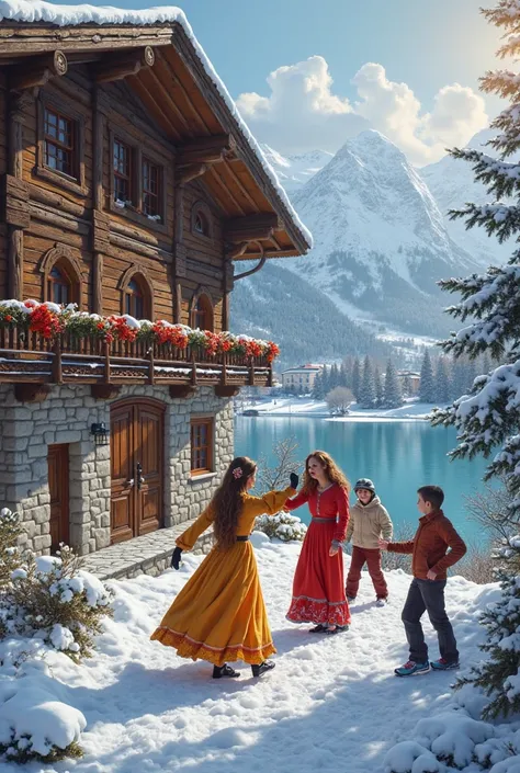 women dancing the Neapolitan Tarantella dance and next door a family in ski clothes with ren playing in the snow, in the background a wooden and stone house with a lake and in the background a ski resort