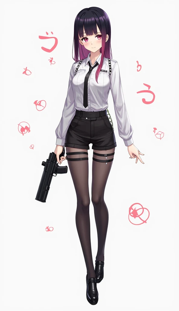 Zenzero、 Genshin、 Resonance、 sexy、full body、 standing picture、 business shirt 、heel、 harness belt、simple background、Clothes that show through the chest、shorts、garter belt、asymmetrical stockings、cool、Vtuber、adult older sister、 see-through tops 、 gun、 gradat...