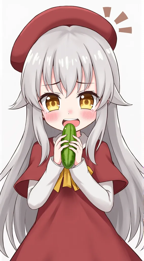 
1girl, solo, hat, blush, long hair, yellow eyes, open mouth, holding, red headwear, food, beret, white hair, cucumber, capelet, long sleeves, holding food, virtual youtuber, nose blush, sweat, dress, sexually suggestive, grey hair

 


 ,masterpiece, best...