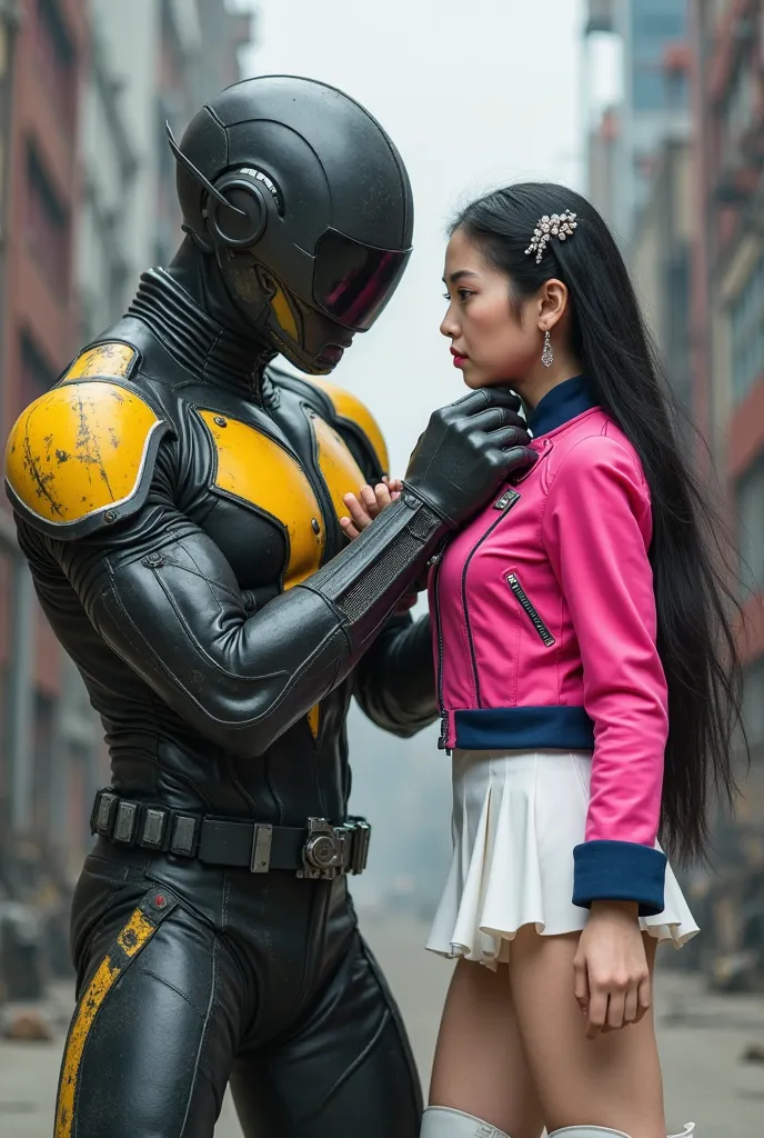 A factory as background, (a strong male villian on the left, wearing a futuristic black and yellow costume with a black metallic helmet, is vigorously gripping the neck of a young beautiful Japanese beauty on the right and the young beauty who is pulling t...