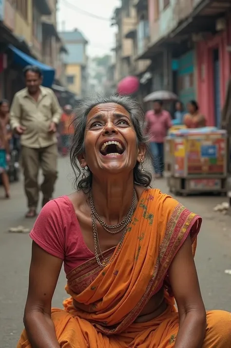 Make a realistic crazy bengali woman sitting in the streets  make it looks like captured suddenly also dont take the photo too closely. 