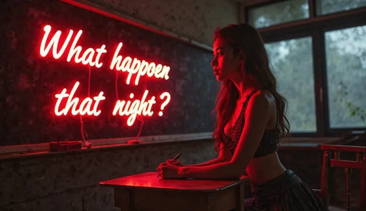 text on a classroom blackboard A low-light classroom a black blackboard in the background with a red neon sign "🔥 ¿QUÉ PASÓ EN ESA NOCHE? 😈 | CONFESIÓN PROHIBIDA"**  
- **Estilo Visual Sugerido:**  
  - Fondo oscuro con luces tenues y destellos rojos.  
  ...