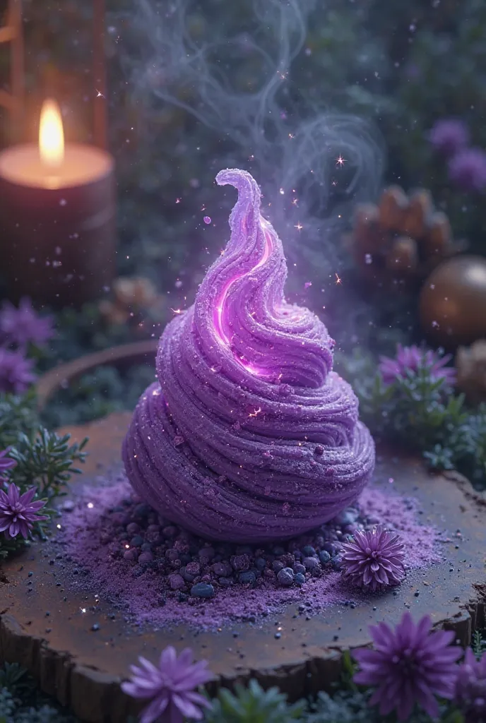 A mystical violet chocolate in the theme of witchcraft but realistic in a mystical decorated background 