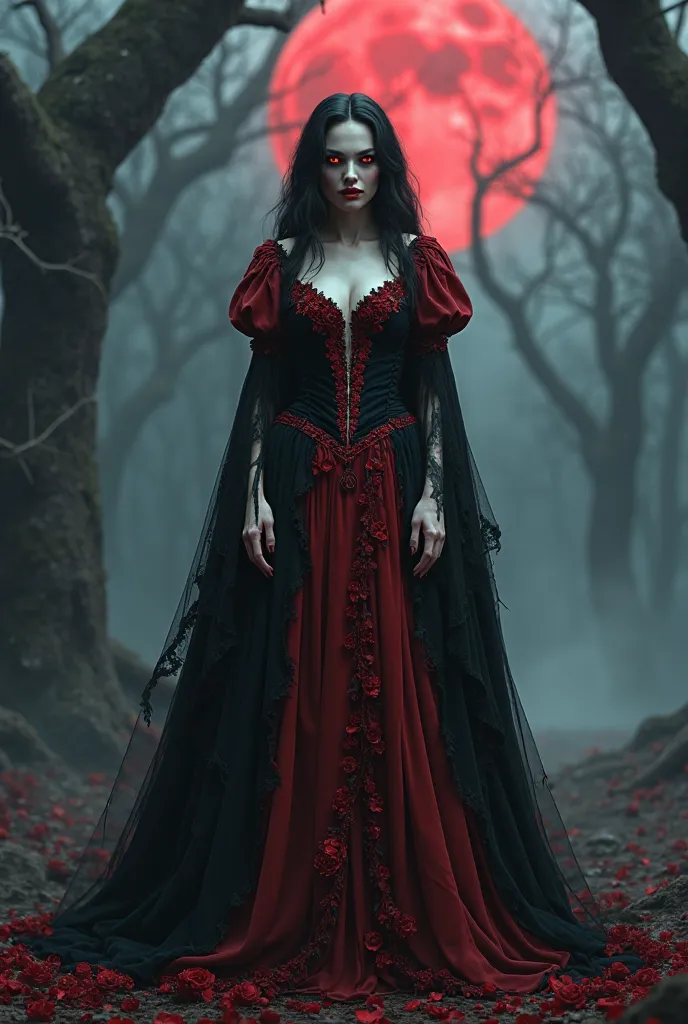 A highly detailed, realistic 3D render of an adult Snow White, fully transformed into a powerful vampire, standing in a dark, enchanted forest under a blood-red full moon. Her once fair, porcelain-like skin now has an eerie, ghostly pallor, contrasting wit...