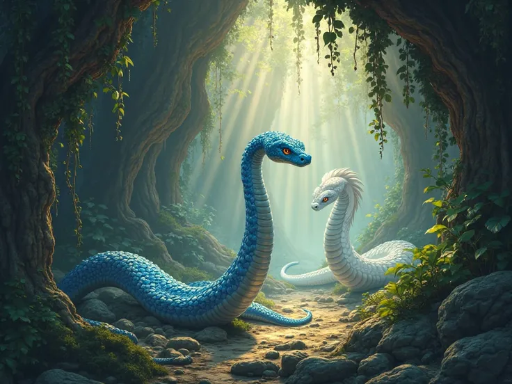 A blue snake and a white snake enter a forest cave