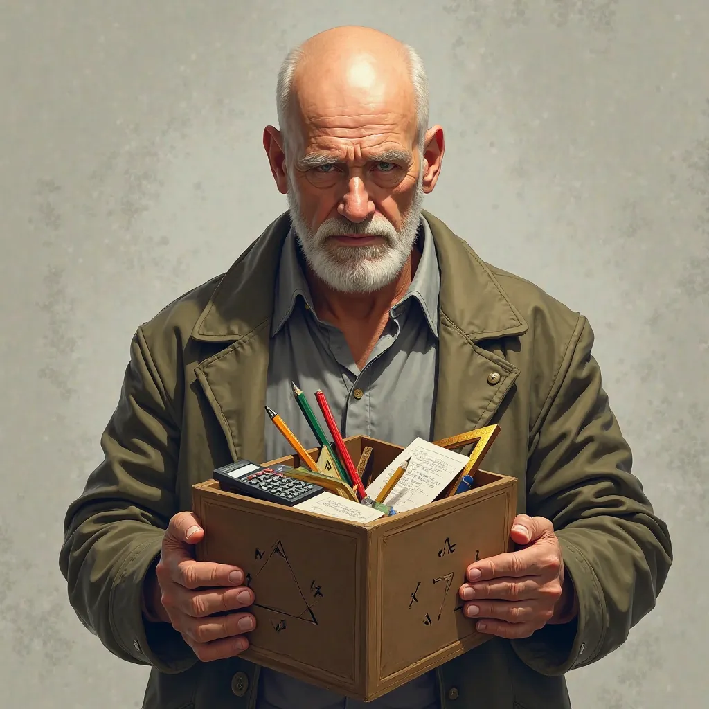 Bald man holding a box with triangles, math tools and a calculator