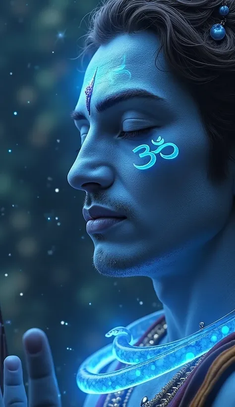 Ethereal depiction of Beautiful close up of the face of  lord Shiva, beautiful face and eyes, glowing blue holographic " om "projected on the face ,snake in his neck, translucent and emitting blue light, meditating, beautiful celestial starry effect around...