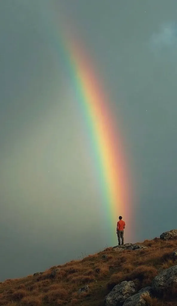 On a high hill, sun and rain came together in a magical dance., creating the biggest rainbow I've ever seen without people.  