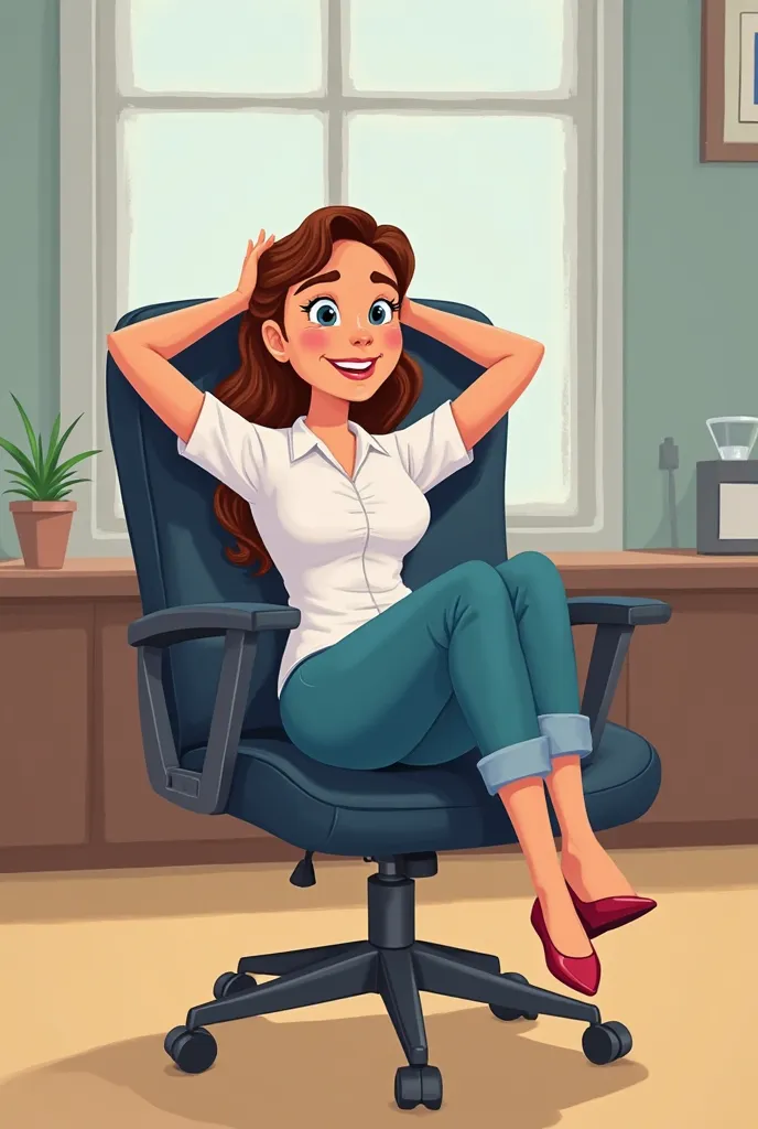 A cartoon-style adult character, drawn in a Disney-like style, is sitting on a formal office or conference-style chair, not a lounge chair. The character is in a relaxed position with their legs stretched out forward and their hands resting behind their he...