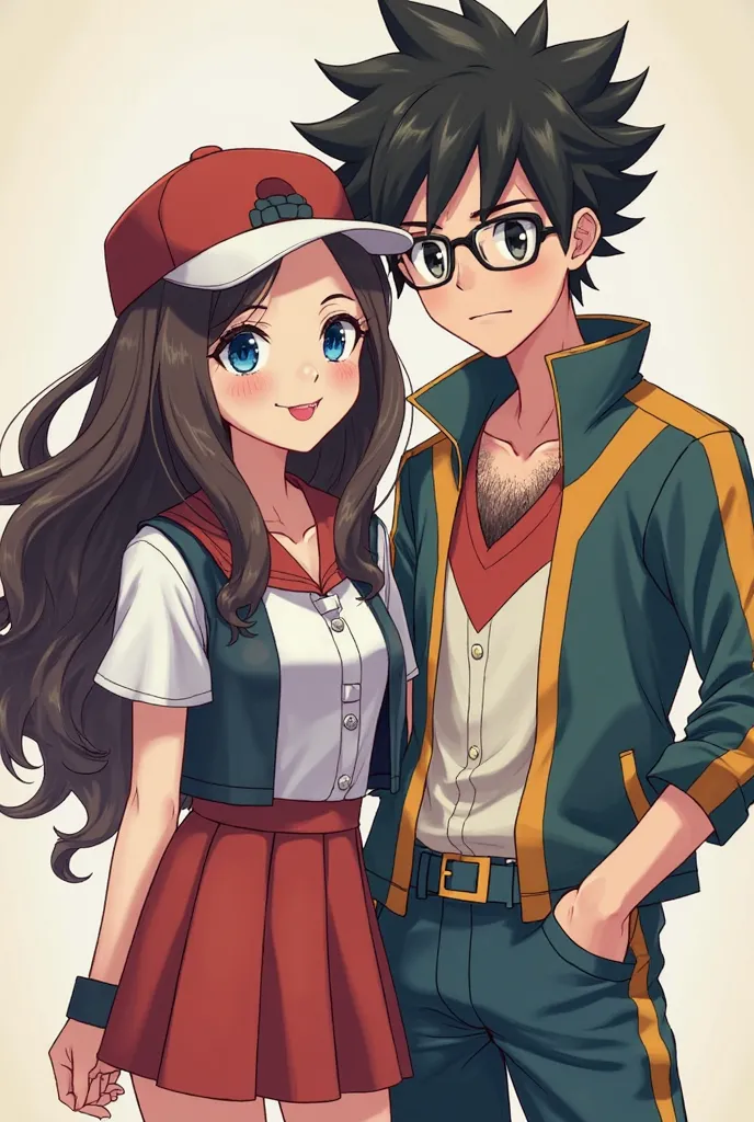 A couple dressed as pokemon trainers in manga style. The girl has long wavy dark brown hair, a mole on the right cheek and blue eyes. The boy has curly black and very short hair,  with a beard and mustache , The dark eyes and glasses