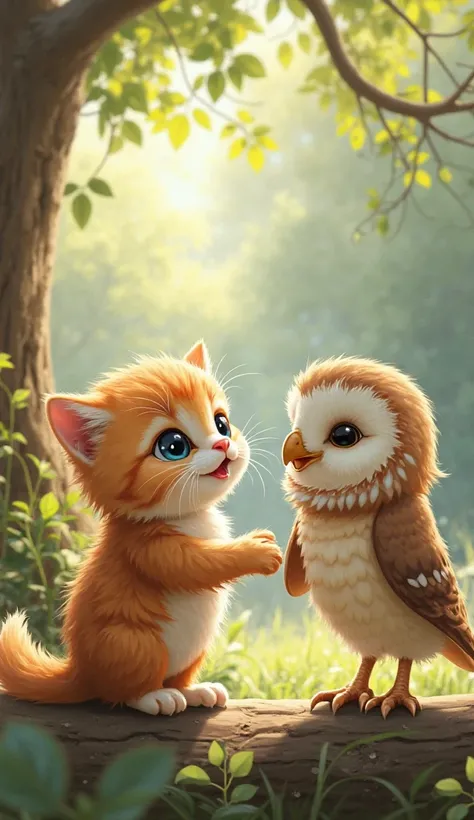 Cute baby kitten and and baby owl. 