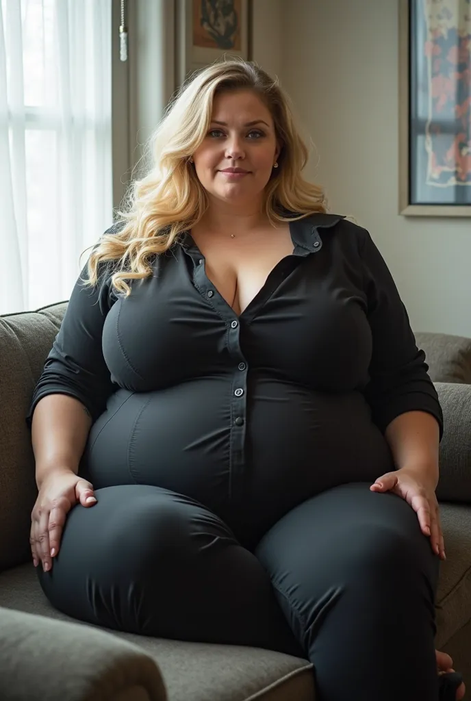 Beautiful plus-size model wearing tight office clothing, young woman, white woman, elegant blonde hair, beautiful blonde hair, sitting on an office couch, massive hips take up the entire couch, can barely fit on couch, massive belly takes up entire lap, to...