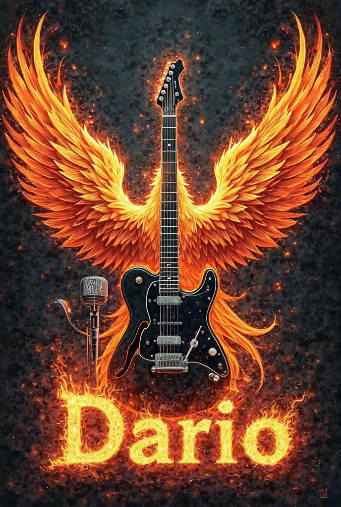 The name Darío in black and silver on flames of fire and a battery in the background with a microphone and an electric guitar giving off sparks and the whole drawing embraced by the wings of a phoenix 