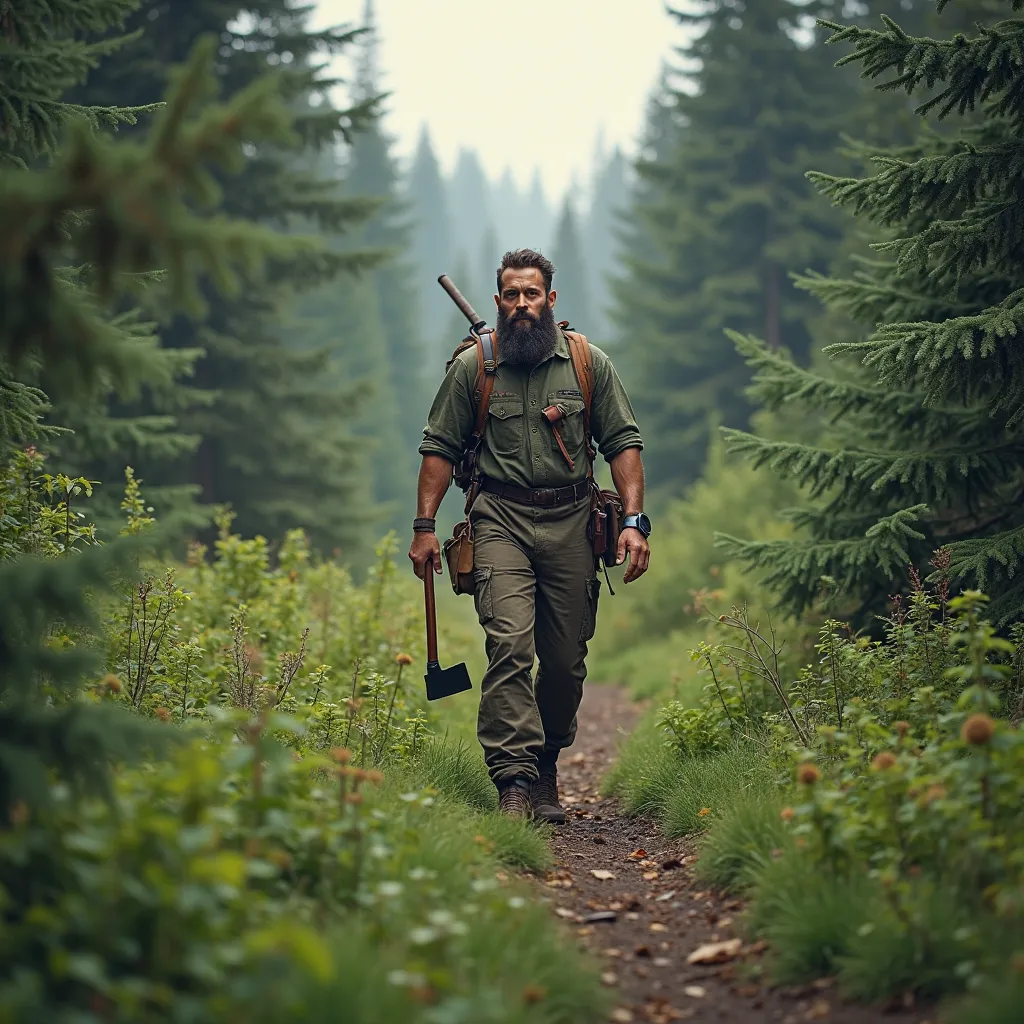 The image shows a general plan of a landscape, In the center, along a green path, a strong man dressed as a woodsman with a beard walks, He carries an axe and his gaze is deep and hopeful. Hike into a lush forest