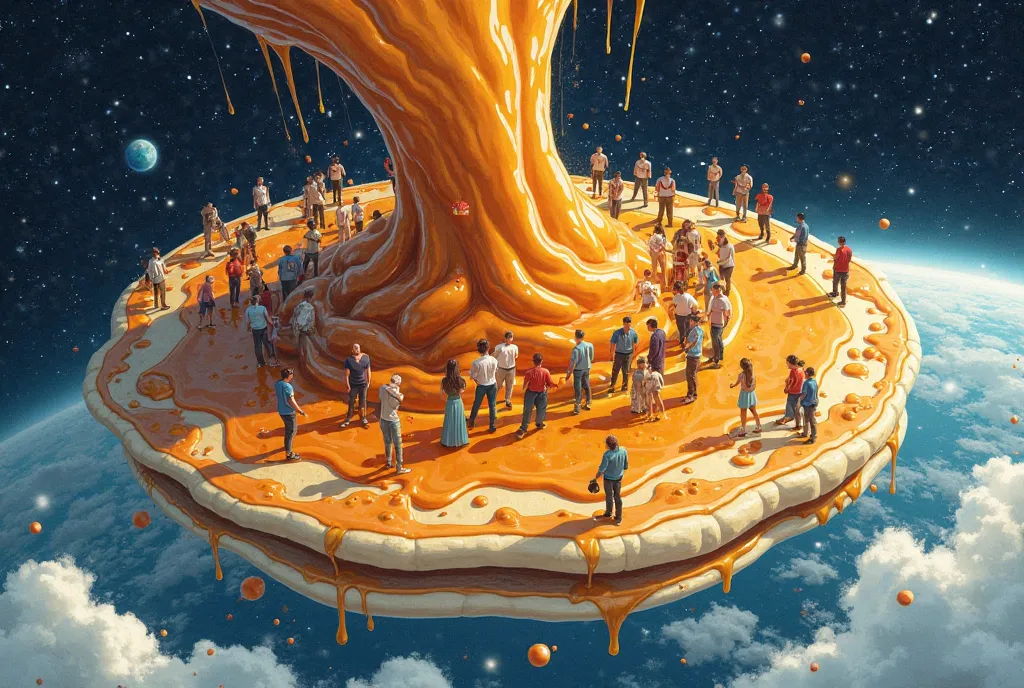 Draw a fantastical scene where, instead of Earth, there is a giant pancake floating in space. On this pancake, a crowd of people is standing, looking upward as a massive wave of thick syrup is about to crash down on them. The scene should be vibrant, detai...