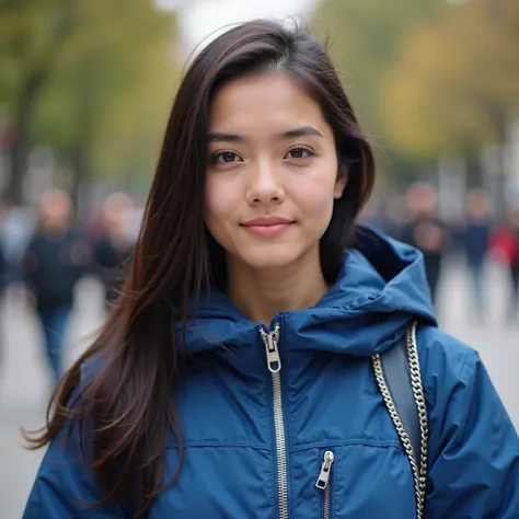 A young woman with long dark hair and a calm expression is seen wearing a blue zip-up jacket. She has a natural and fresh appearance,  With minimal makeup , and her gaze is directed to the camera.  The background is slightly blurred , showing an outdoor ur...