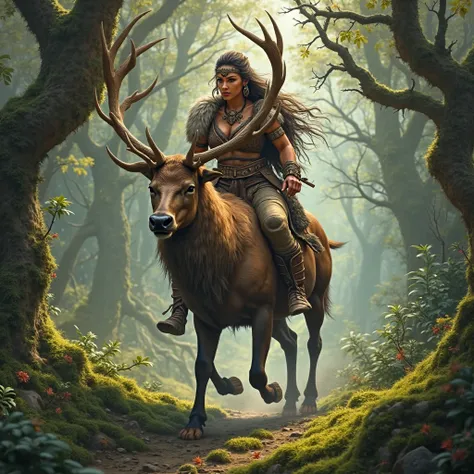 Wild warrior woman dressed in fur riding a giant deer in a wooded landscape 