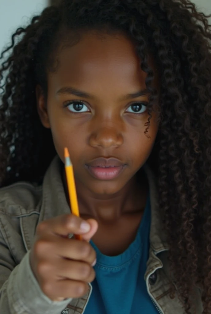 A close-up of Isabella's face: Isabelle, a 16-year-old black girl with long, frizzy hair, wearing a jacket, jeans, dress and a blue dress, a mixture of anger and determination in her eyes. She squeezes a pencil tightly as she looks at her stalkers.