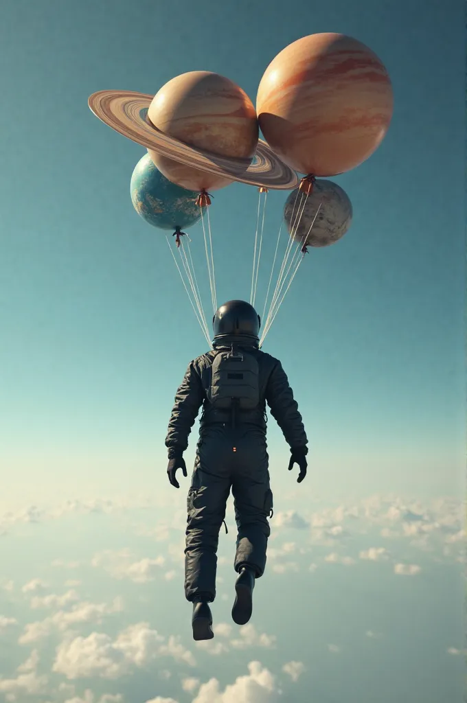 A picture of an astronaut wearing a beautiful black suit flying with balloons in the form of planets Saturn, Jupiter, Earth, moon, black crow flying, falling from the sky, the sky falling, an astronaut floating in the air, falling, a dreamy sequence, Icaru...