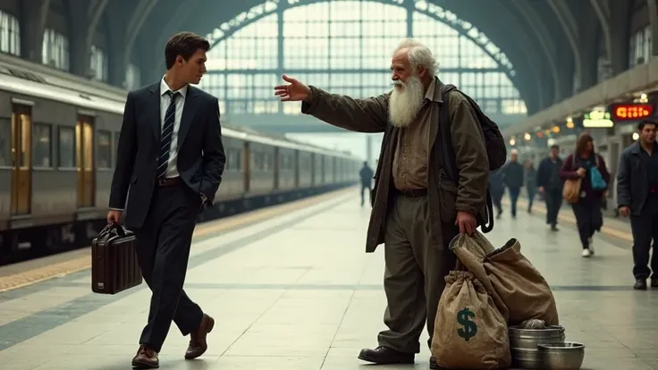 {
  "prompt": "A large train station platform, with an elderly man on the right side wearing tattered clothes, a long white beard, extending his hand for help. Beside him are an old backpack, a metal bowl, and a sack with a dollar sign. On the left side, a...