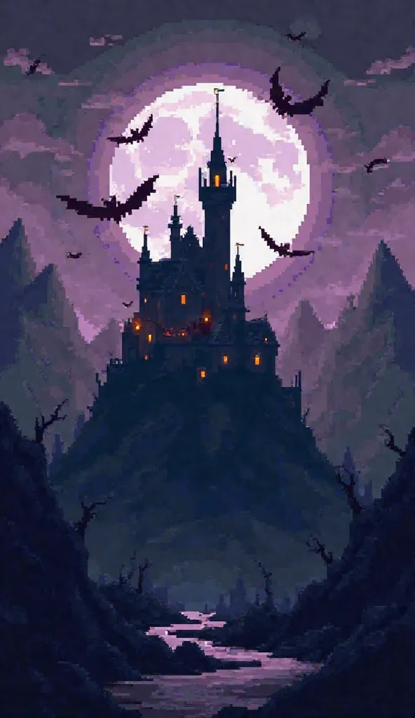 A dark, moody pixel art phone wallpaper showing a 16-bit gothic castle on a hill, surrounded by jagged black mountains and a stormy purple sky. Pixelated bats fly overhead, and a faint glowing moon illuminates the scene in shades of gray and violet. The st...