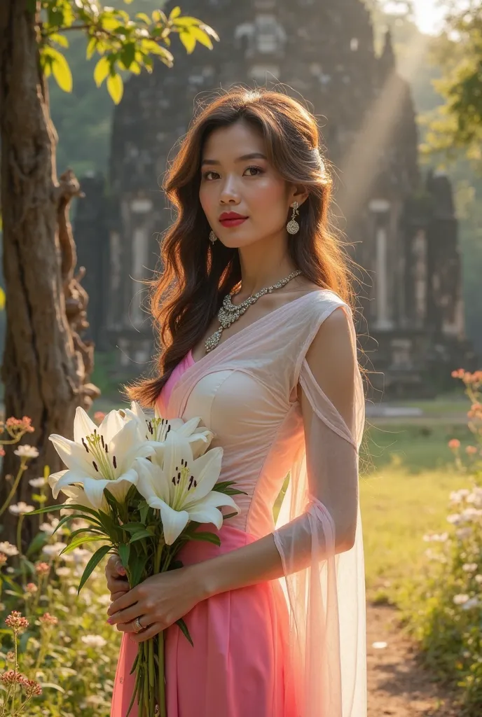 Beautiful 30's Thai woman with red lips, long brown-gray hair staring at the camera, wearing a Sukhothai Thai dress in shades of bright pink, white and pastel pink, wearing a diamond necklace, standing holding a bouquet of white lilies in front of an ancie...