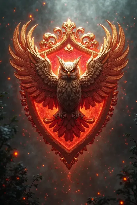 Harry Potter-like shield using owls mostly with red and gold tones 