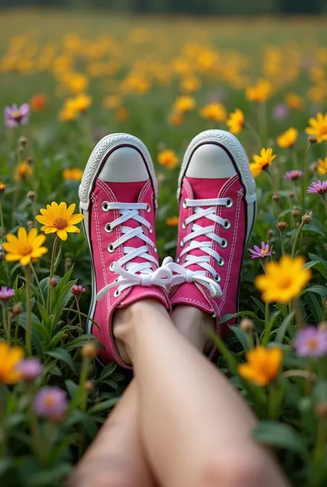 Legs resting on green grass. With pink converse shoes. They are surrounded by large and small yellow flowers,  pink and purple . The shoes crush some flowers. 