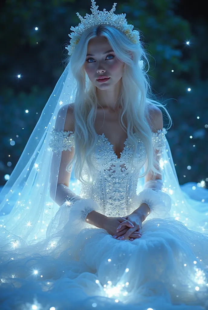 MagicaI night, Distance fantasy photography, Sitting beautiful cute european princess and young white swan, white hair, beautiful blue eyes, beautiful Patterned face, beautiful lips, 20yo, magical glowing flowers light, wearing white glowing long wedding c...