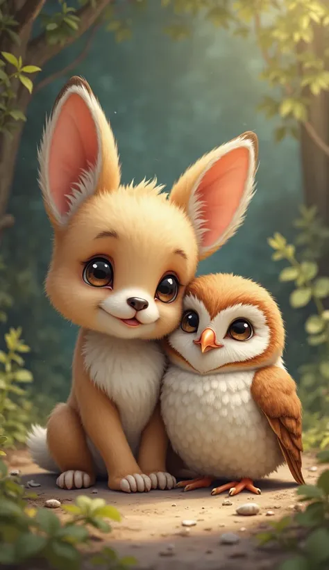 Cute baby puppy and and rabbit owl. Create realistic. Real realism and detailed. 