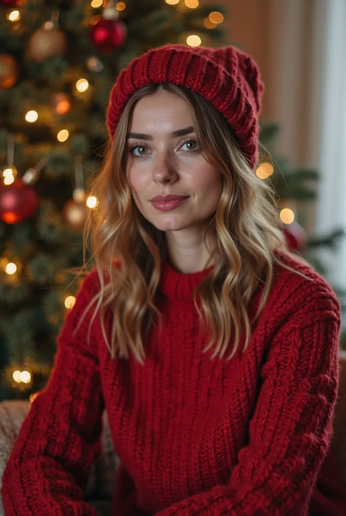 araffe woman in red sweater sitting next to a christmas tree, a picture inspired by Judy Takács, instagram, hurufiyya, photo of džesika devic, taken in 2022, photo taken in 2 0 2 0, profile image, 3 0 years woman, magalie villeneuve, sandra chevier