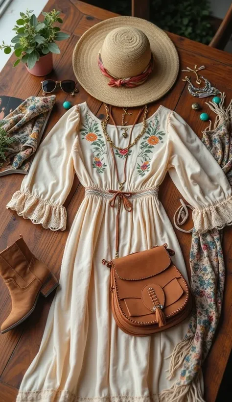 A beautifully curated spring outfit inspired by 70s-inflected boho aesthetic in its dreamiest direction is carefully laid out on a rustic wooden desk. The scene is bathed in soft, natural light, enhancing the textures and details of the ensemble.

The outf...