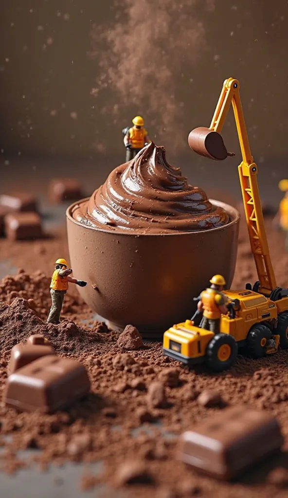 A creative scene featuring a mixer and a boul with a mountain of chocolate cream, shiny and appetizing, construction workers creating a csmino, chipping the ground, another laying cement, while others use spatulas to “smooth” the surface. A toy crane place...