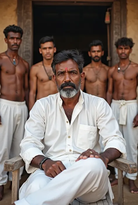 A matured handsome indian man with black hair and slightly grey beard in white kurta pajama is sitting on a chair with one leg on another. Behind him four young mascular shirtless men are standing in white pajama with intense expression. Infront of a villa...