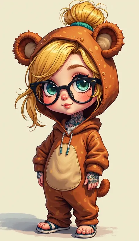 Cartoon girl in her 30s with blonde hair and freckles, posing, glasses, wearing a bear costume, glasses, bright colors, vibrant, tattoos, neck tattoo, tattooed hands, messy bun, full body